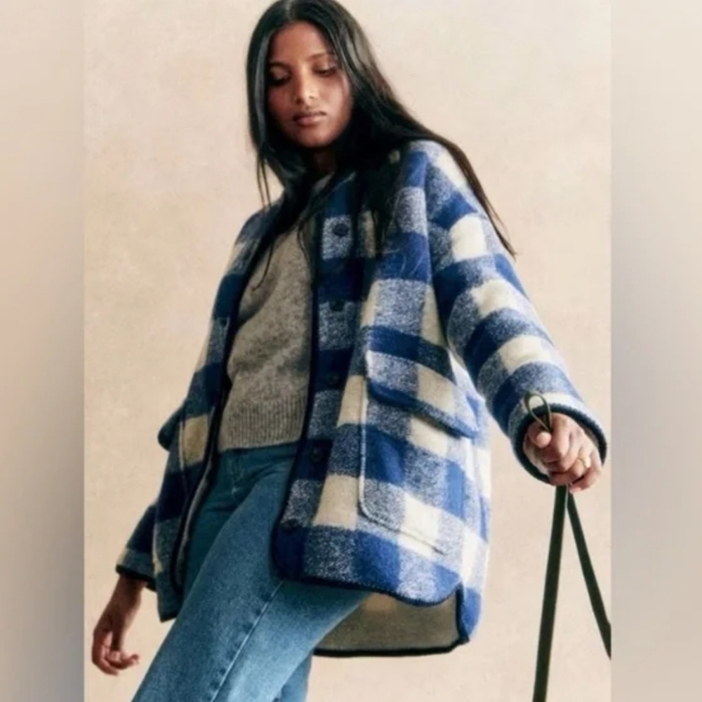 Sezane Navy and Cream Plaid Teddy Jacket